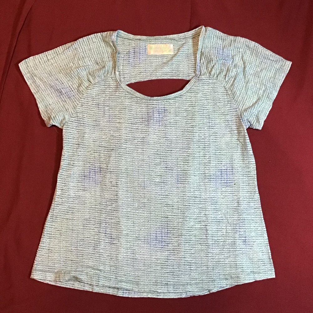 Aventura Light Blue Ribbed Skylar Short Sleeve Top with Back Keyhole